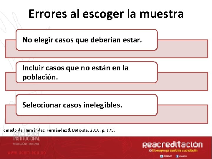 Errores al escoger la muestra No elegir casos que deberían estar. Incluir casos que