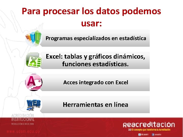 Para procesar los datos podemos usar: Programas especializados en estadística Excel: tablas y gráficos