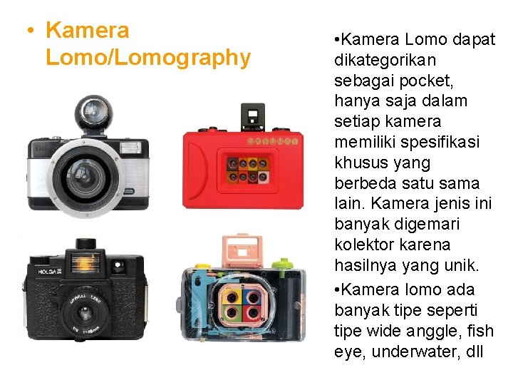  • Kamera Lomo/Lomography • Kamera Lomo dapat dikategorikan sebagai pocket, hanya saja dalam