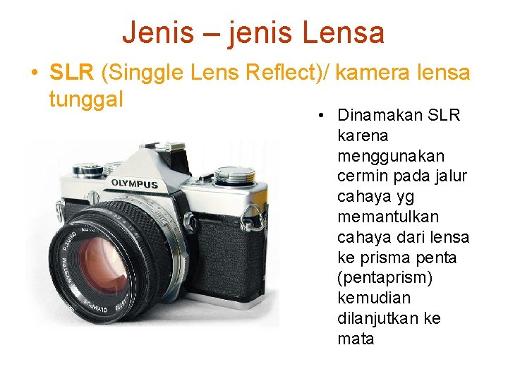Jenis – jenis Lensa • SLR (Singgle Lens Reflect)/ kamera lensa tunggal • Dinamakan