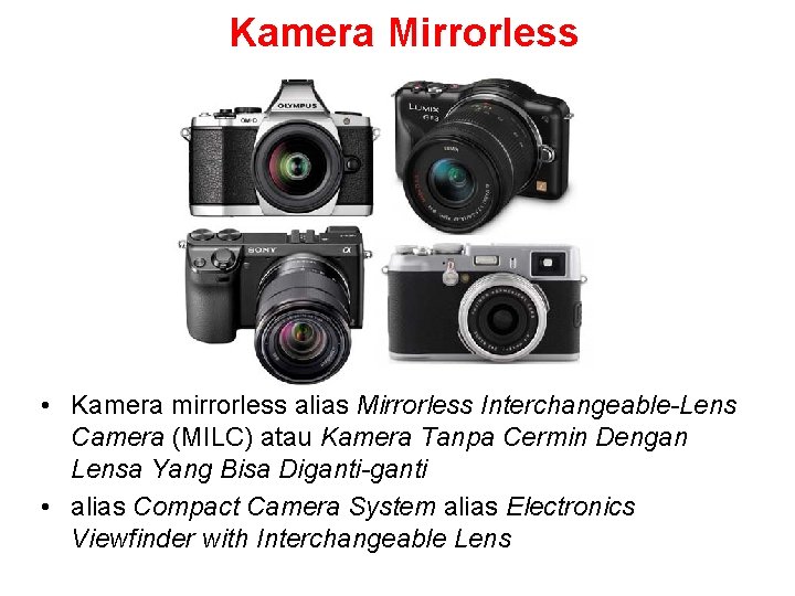Kamera Mirrorless • Kamera mirrorless alias Mirrorless Interchangeable-Lens Camera (MILC) atau Kamera Tanpa Cermin