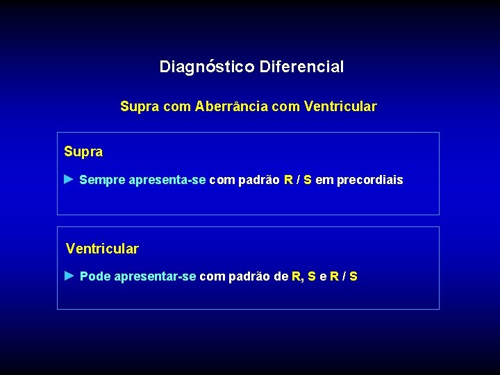 Diagnóstico Diferencial Supra com Aberrância com Ventricular Supra ► Sempre apresenta-se com padrão R Diagnóstico Diferencial Supra com Aberrância com Ventricular Supra ► Sempre apresenta-se com padrão R
