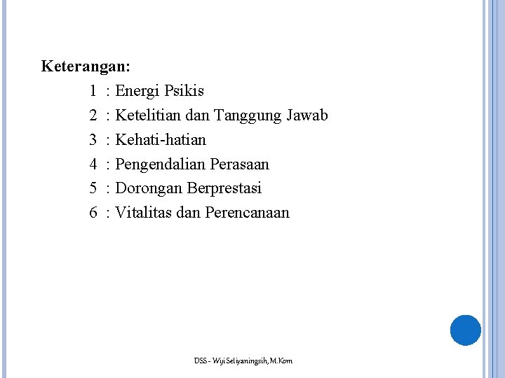 Keterangan: 1 : Energi Psikis 2 : Ketelitian dan Tanggung Jawab 3 : Kehati-hatian