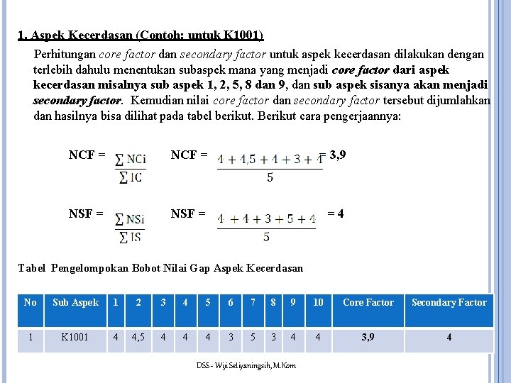 1. Aspek Kecerdasan (Contoh: untuk K 1001) Perhitungan core factor dan secondary factor untuk