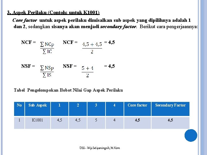 3. Aspek Perilaku (Contoh: untuk K 1001) Core factor untuk aspek perilaku dimisalkan sub