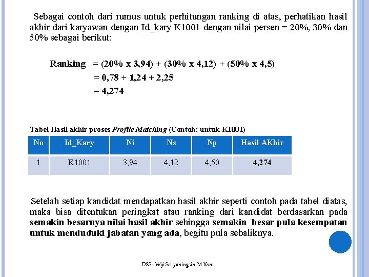 Sebagai contoh dari rumus untuk perhitungan ranking di atas, perhatikan hasil akhir dari karyawan