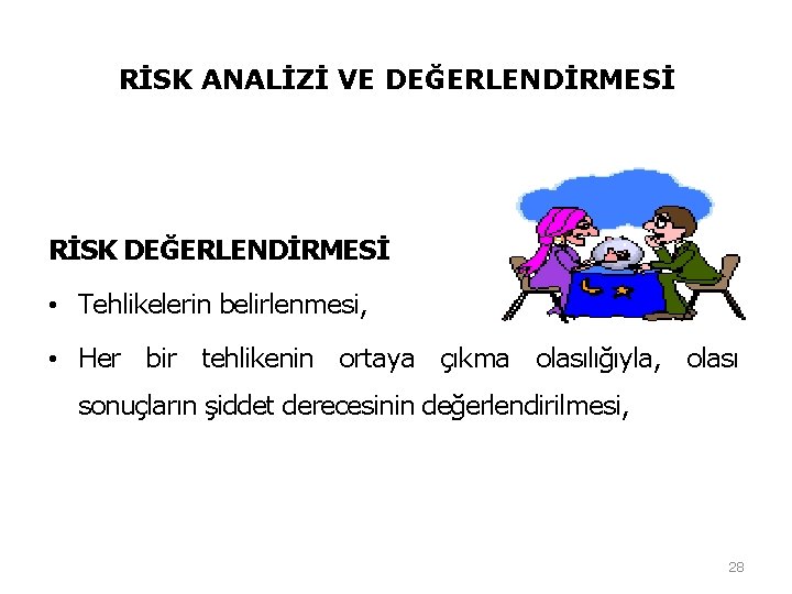 RİSK ANALİZİ VE DEĞERLENDİRMESİ RİSK DEĞERLENDİRMESİ • Tehlikelerin belirlenmesi, • Her bir tehlikenin ortaya RİSK ANALİZİ VE DEĞERLENDİRMESİ RİSK DEĞERLENDİRMESİ • Tehlikelerin belirlenmesi, • Her bir tehlikenin ortaya