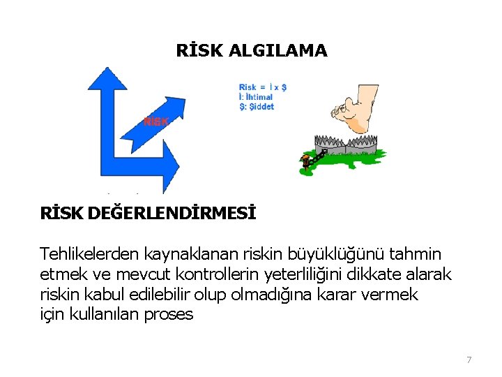 RİSK ALGILAMA RİSK DEĞERLENDİRMESİ Tehlikelerden kaynaklanan riskin büyüklüğünü tahmin etmek ve mevcut kontrollerin yeterliliğini RİSK ALGILAMA RİSK DEĞERLENDİRMESİ Tehlikelerden kaynaklanan riskin büyüklüğünü tahmin etmek ve mevcut kontrollerin yeterliliğini