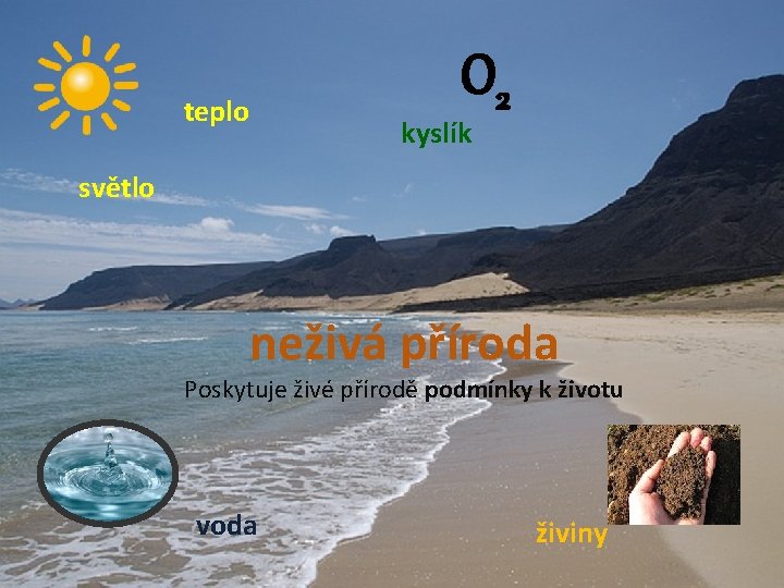 teplo O 2 kyslík světlo neživá příroda Poskytuje živé přírodě podmínky k životu voda