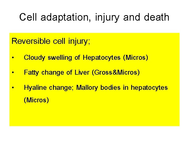 Cell adaptation, injury and death Reversible cell injury; • Cloudy swelling of Hepatocytes (Micros)