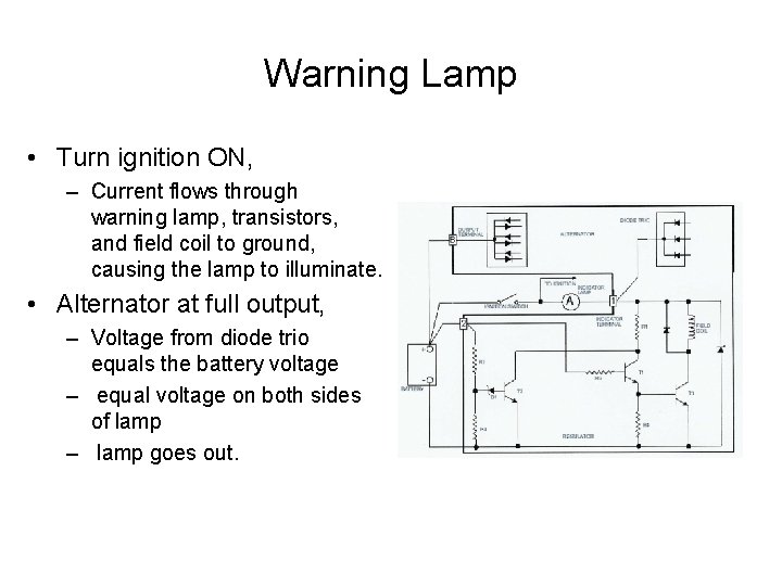 Warning Lamp • Turn ignition ON, – Current flows through warning lamp, transistors, and