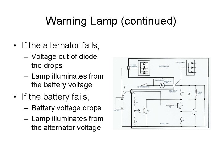 Warning Lamp (continued) • If the alternator fails, – Voltage out of diode trio