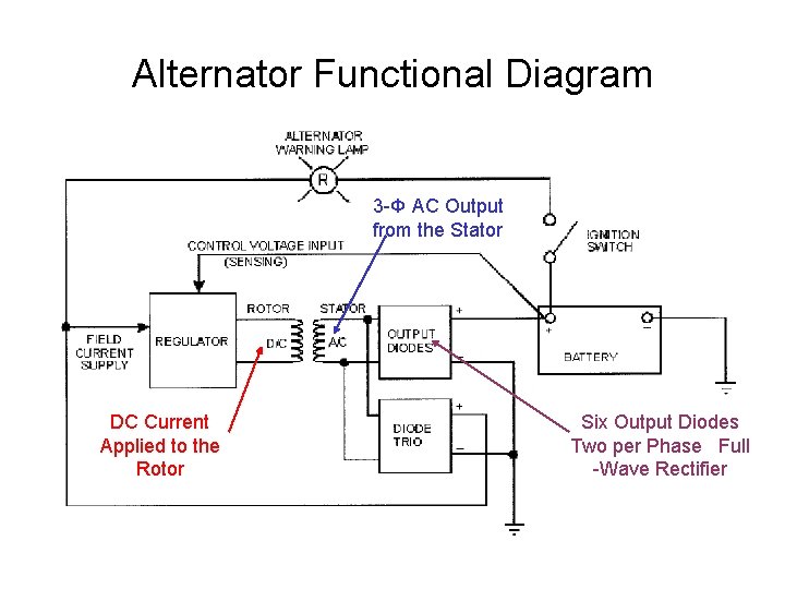 Alternator Functional Diagram 3 -Φ AC Output from the Stator DC Current Applied to