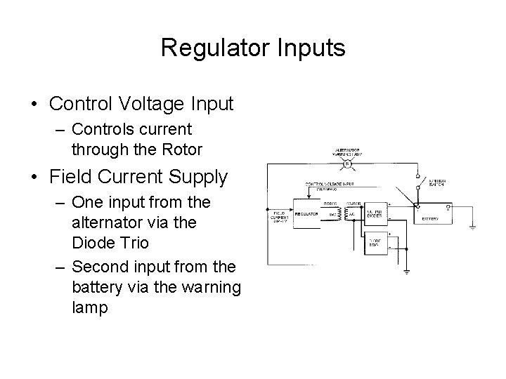 Regulator Inputs • Control Voltage Input – Controls current through the Rotor • Field
