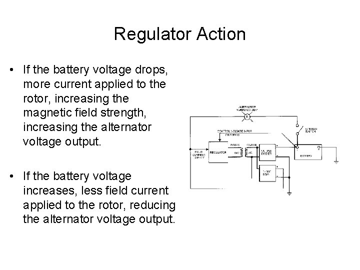 Regulator Action • If the battery voltage drops, more current applied to the rotor,