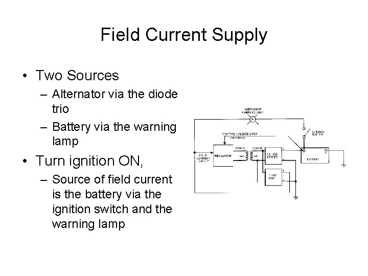 Field Current Supply • Two Sources – Alternator via the diode trio – Battery
