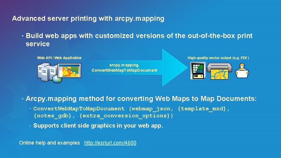Advanced server printing with arcpy. mapping • Build web apps with customized versions of