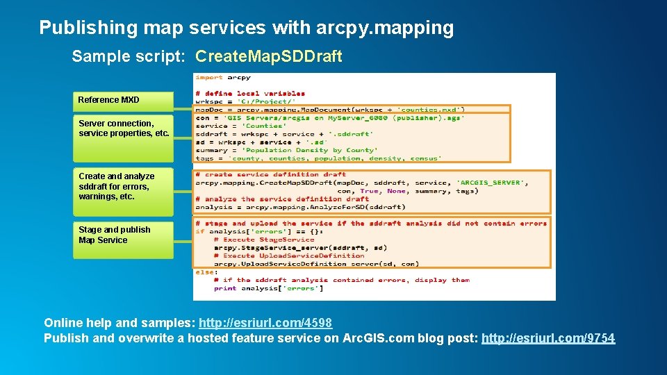 Publishing map services with arcpy. mapping Sample script: Create. Map. SDDraft Reference MXD Server