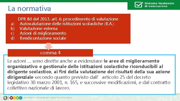 La normativa a) b) c) d) DPR 80 del 2013, art. 6: procedimento di