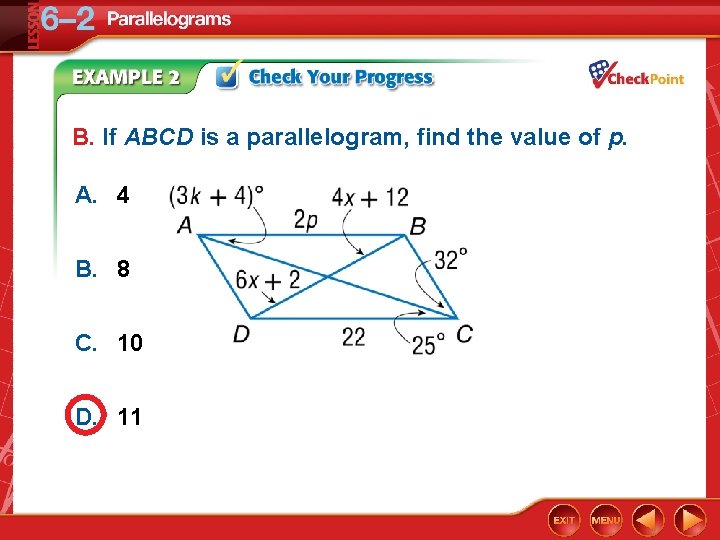 B. If ABCD is a parallelogram, find the value of p. A. 4 B.