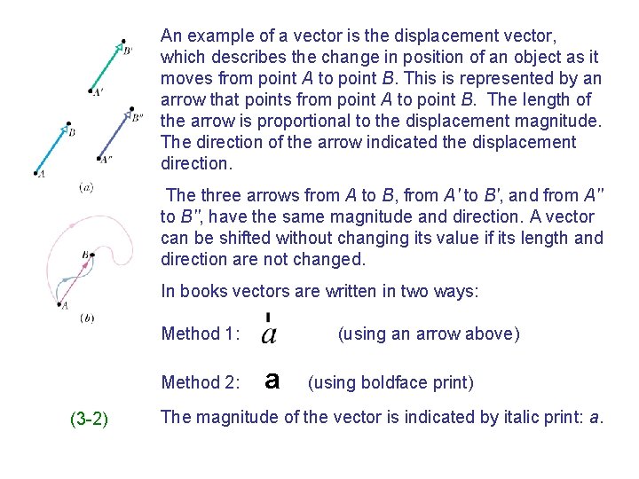 An example of a vector is the displacement vector, which describes the change in