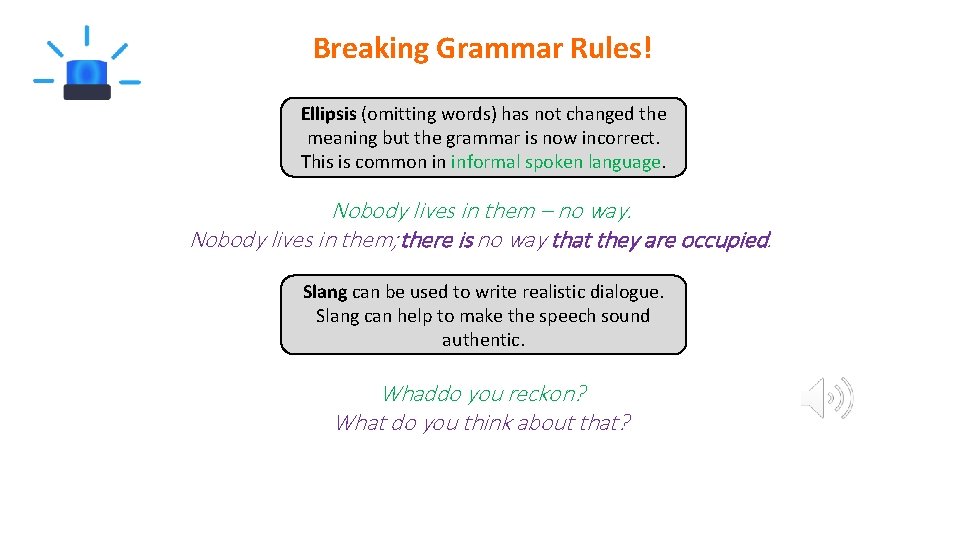 Breaking Grammar Rules! Ellipsis (omitting words) has not changed the meaning but the grammar