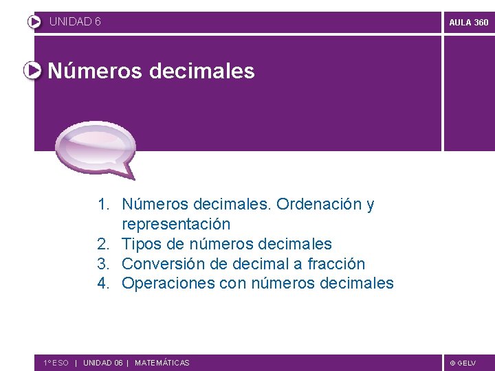 UNIDAD 6 AULA 360 Números decimales 1. Números decimales. Ordenación y representación 2. Tipos