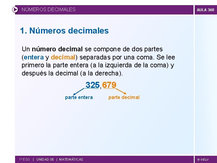 NÚMEROS DECIMALES AULA 360 1. Números decimales Un número decimal se compone de dos
