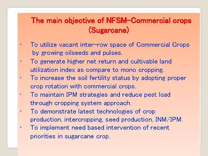 The main objective of NFSM-Commercial crops (Sugarcane) • • • To utilize vacant inter-row The main objective of NFSM-Commercial crops (Sugarcane) • • • To utilize vacant inter-row