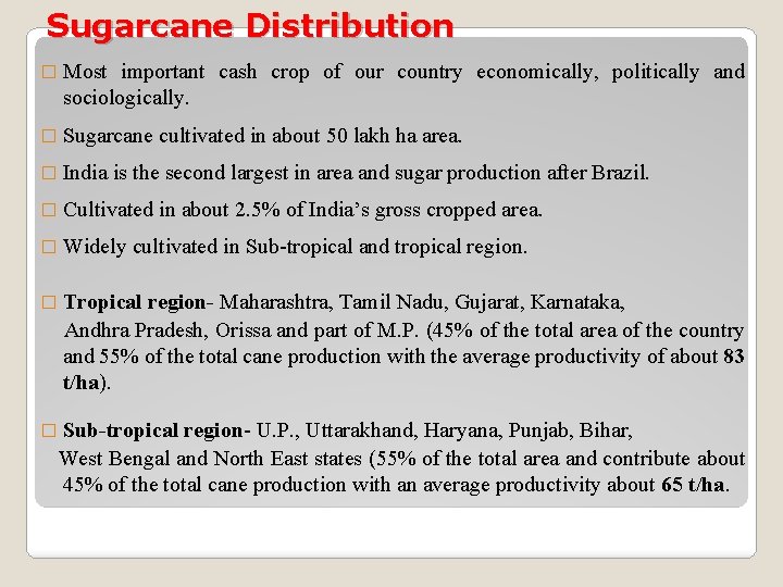 Sugarcane Distribution � Most important cash crop of our country economically, politically and sociologically. Sugarcane Distribution � Most important cash crop of our country economically, politically and sociologically.