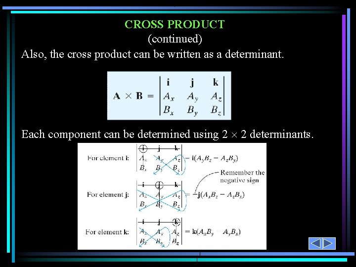 CROSS PRODUCT (continued) Also, the cross product can be written as a determinant. Each