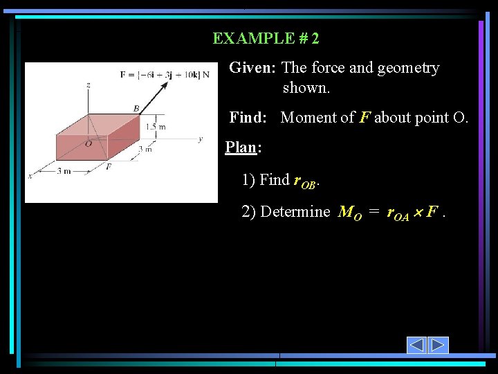 EXAMPLE # 2 Given: The force and geometry shown. Find: Moment of F about