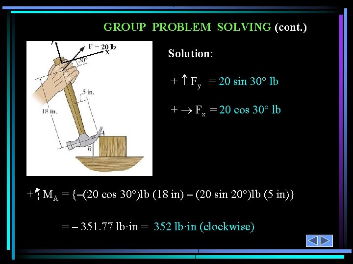 GROUP PROBLEM SOLVING (cont. ) y x Solution: + Fy = 20 sin 30°