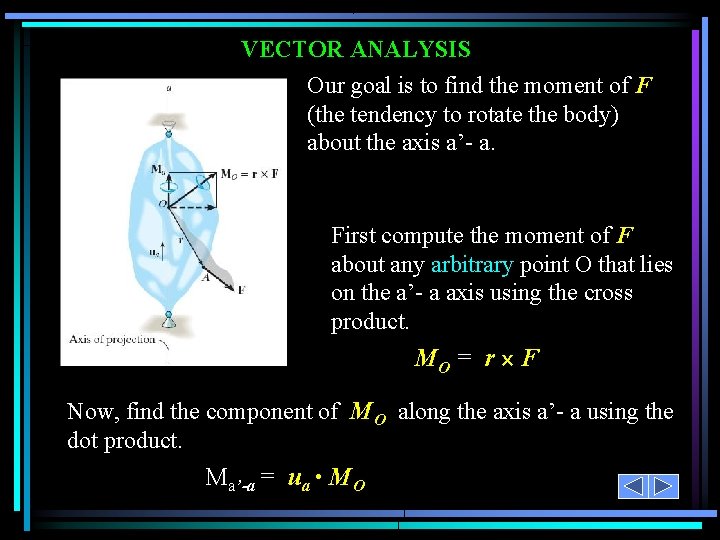 VECTOR ANALYSIS Our goal is to find the moment of F (the tendency to