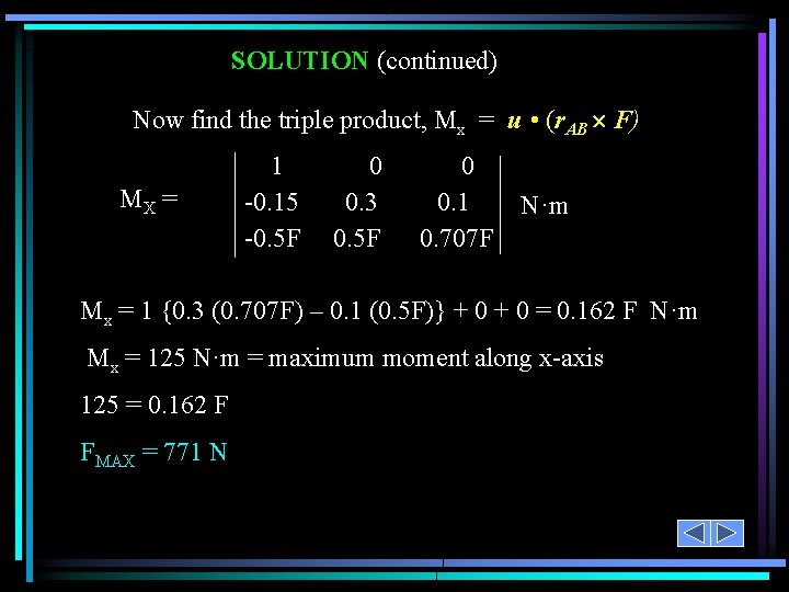 SOLUTION (continued) Now find the triple product, Mx = u • (r. AB F)