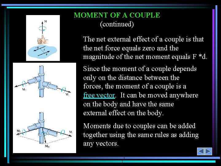 MOMENT OF A COUPLE (continued) The net external effect of a couple is that