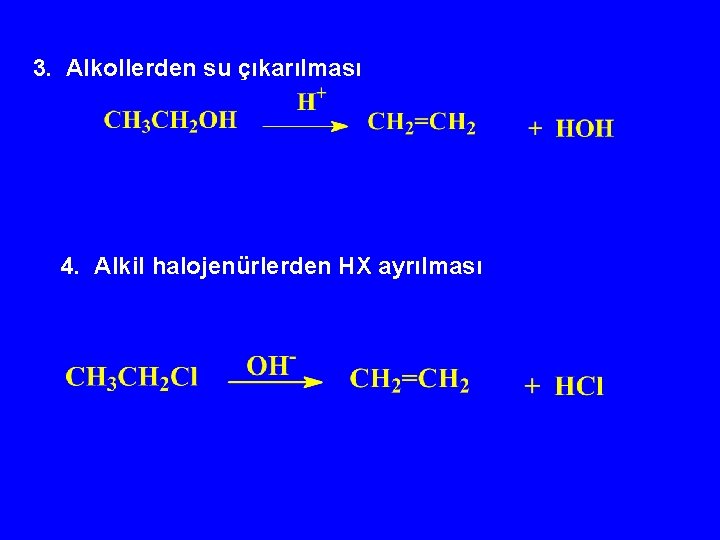 3. Alkollerden su çıkarılması 4. Alkil halojenürlerden HX ayrılması 