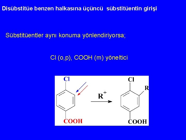 Disübstitüe benzen halkasına üçüncü sübstitüentin girişi Sübstitüentler aynı konuma yönlendiriyorsa; Cl (o, p), COOH