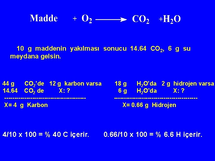 10 g maddenin yakılması sonucu 14. 64 CO 2, 6 g su meydana gelsin.