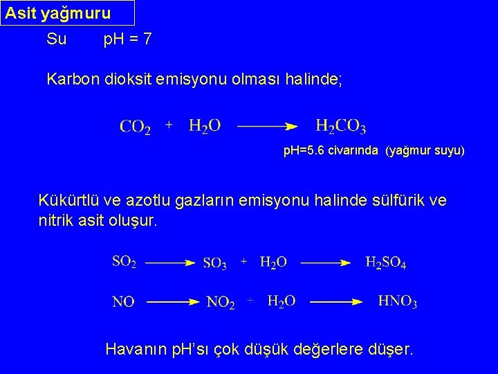 Asit yağmuru Su p. H = 7 Karbon dioksit emisyonu olması halinde; p. H=5.