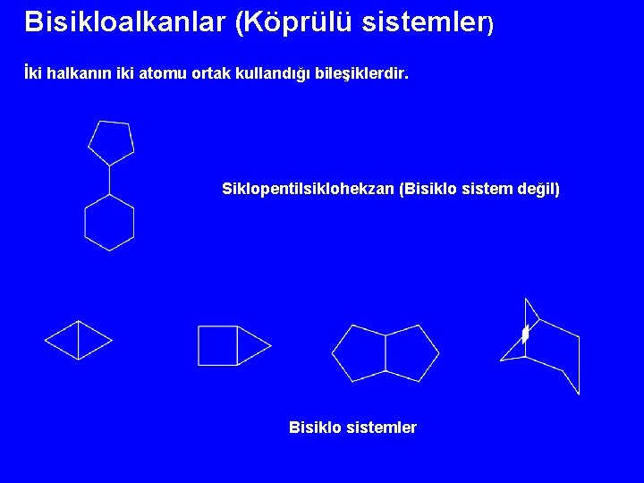 Bisikloalkanlar (Köprülü sistemler) İki halkanın iki atomu ortak kullandığı bileşiklerdir. Siklopentilsiklohekzan (Bisiklo sistem değil)