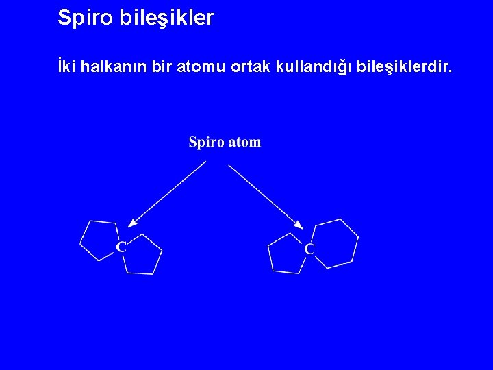Spiro bileşikler İki halkanın bir atomu ortak kullandığı bileşiklerdir. 