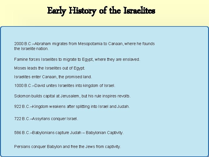 Early History of the Israelites 2000 B. C. –Abraham migrates from Mesopotamia to Canaan,