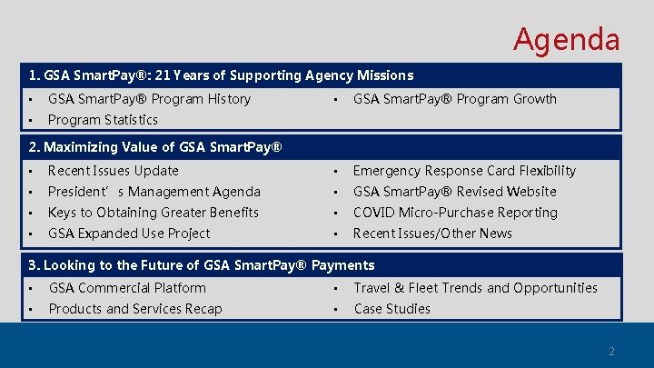 Agenda 1. GSA Smart. Pay®: 21 Years of Supporting Agency Missions • GSA Smart.