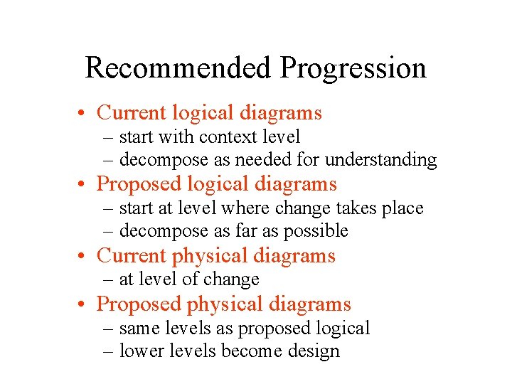 Recommended Progression • Current logical diagrams – start with context level – decompose as