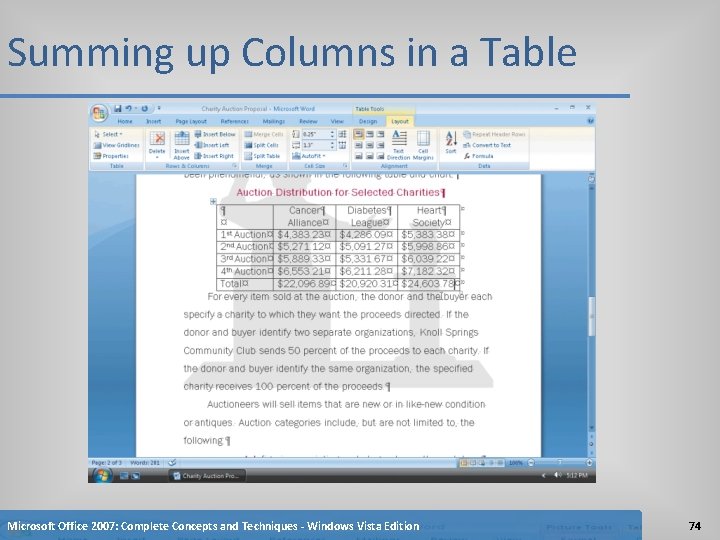 Summing up Columns in a Table Microsoft Office 2007: Complete Concepts and Techniques -