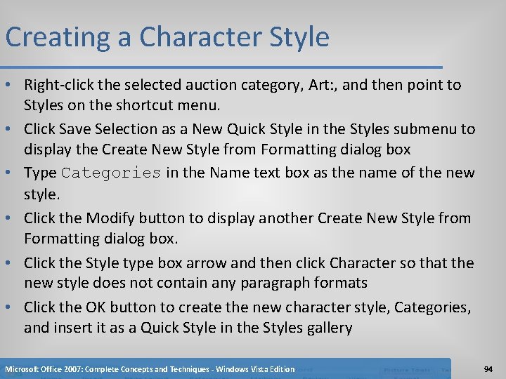 Creating a Character Style • Right-click the selected auction category, Art: , and then