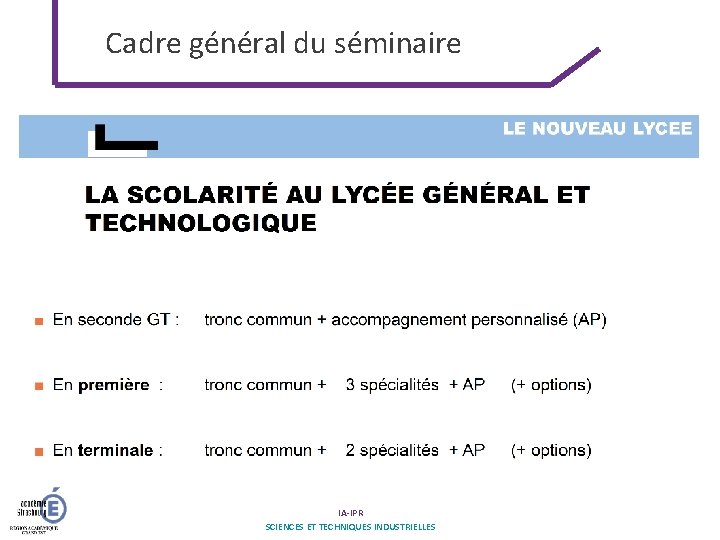 Cadre général du séminaire IA-IPR SCIENCES ET TECHNIQUES INDUSTRIELLES 