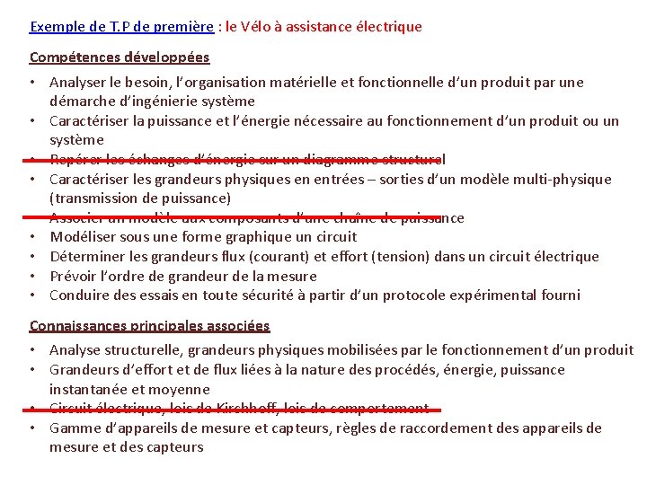 Exemple de T. P de première : le Vélo à assistance électrique Compétences développées