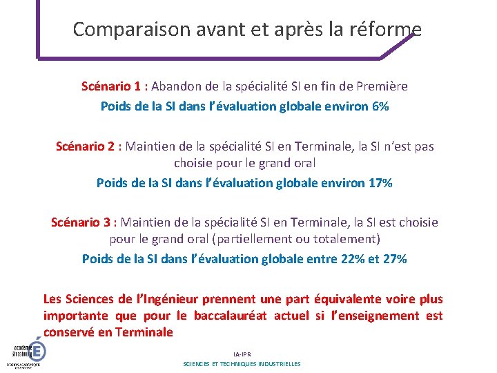 Comparaison avant et après la réforme Scénario 1 : Abandon de la spécialité SI